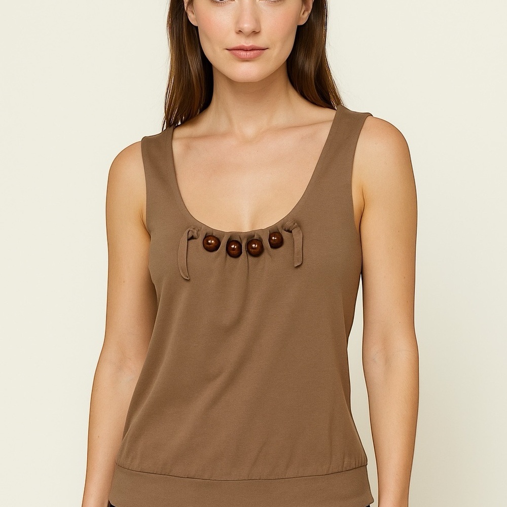 ParkBravo Scoop Neck Elegant Brown Sleeveless Top | Tank Top - Picture 1 of 8